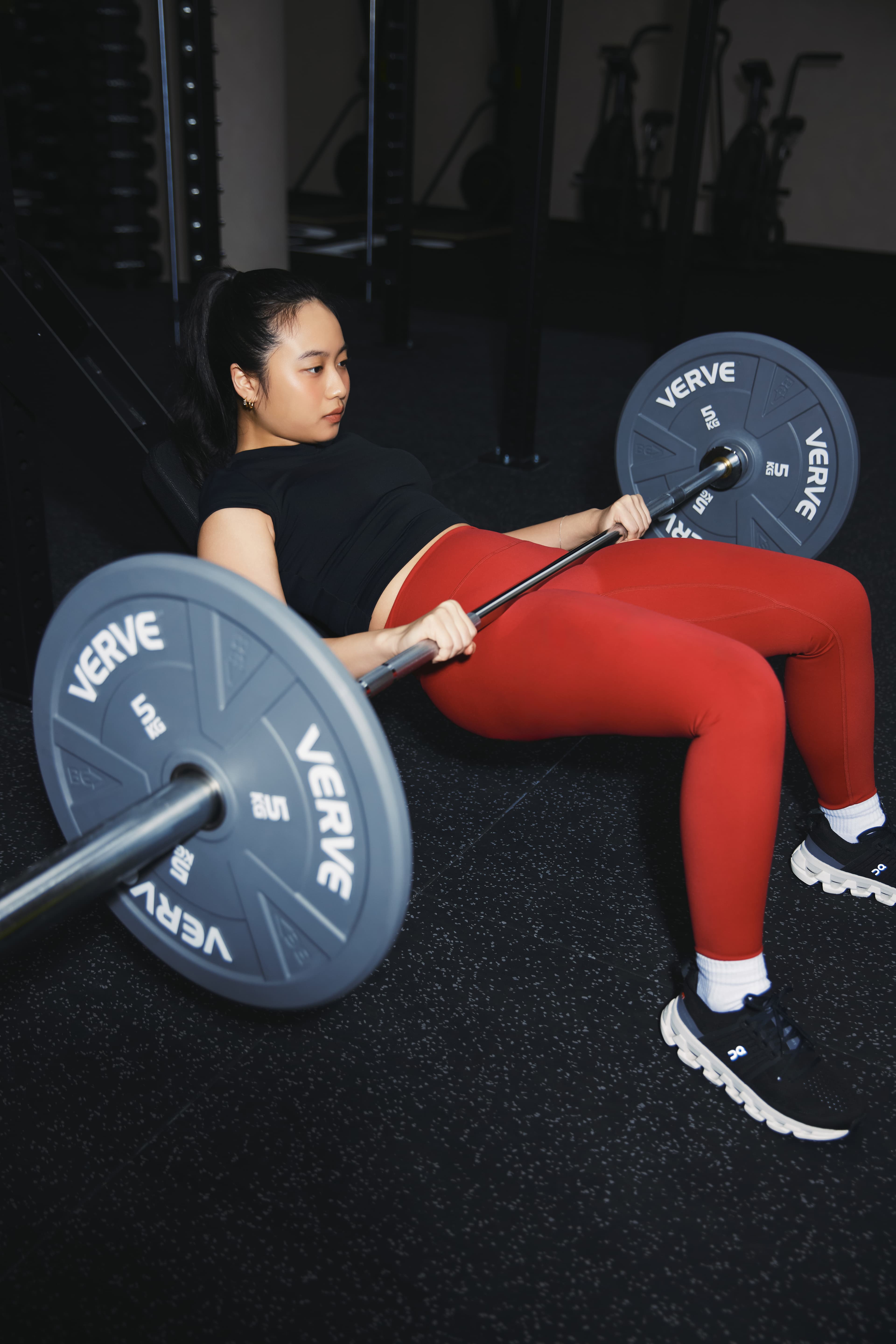 Strength training class at amber — hip thrust with barbell